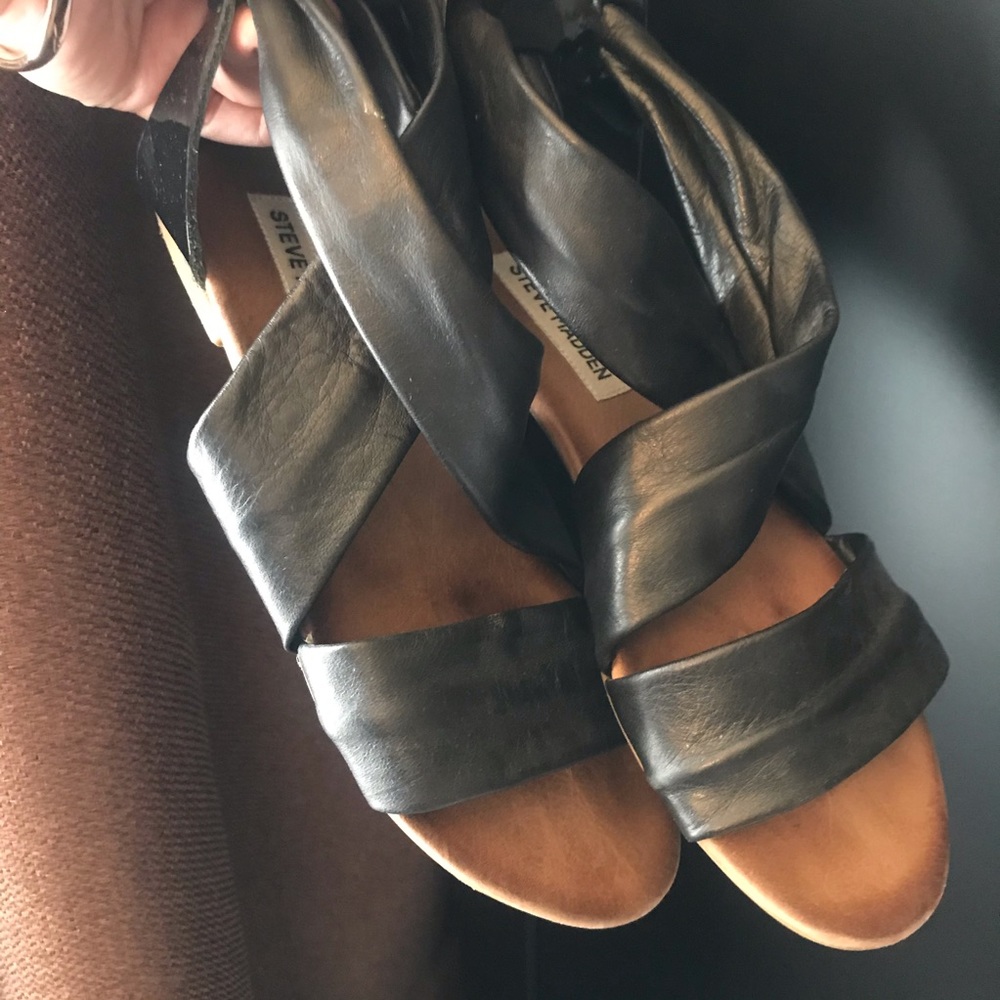 Black leather tie back flat sandals size 37
